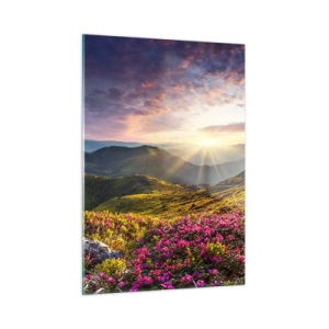 Impression sur verre - Image sur verre - Paysage de montagne au lever du soleil avec des fleurs en fleurs - 50x70cm - Fraîcheur matinale en montagne - Décoration murale moderne pour le salon et la chambre ARTTOR