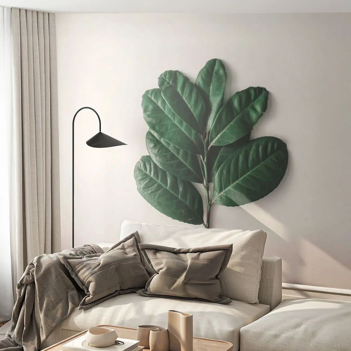 Papier Peint Photo Premium Sand - Une branche verte avec de grandes feuilles sur un fond clair - 100x70cm - Dessin de la nature elle-même - Décoration murale moderne pour le salon et la chambre ARTTOR