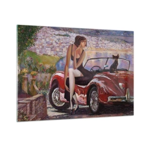Impression sur verre - Image sur verre - Une femme et un chien près d'une voiture rouge avec un paysage en arrière-plan. - 100x70cm - L'été? Uniquement sur la Côte d'Azur - Décoration murale moderne pour le salon et la chambre ARTTOR