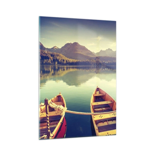 Impression sur verre - Image sur verre - Bateaux en bois sur un lac calme entouré de montagnes - 50x70cm - Vivre selon ses règles - Décoration murale moderne pour le salon et la chambre ARTTOR