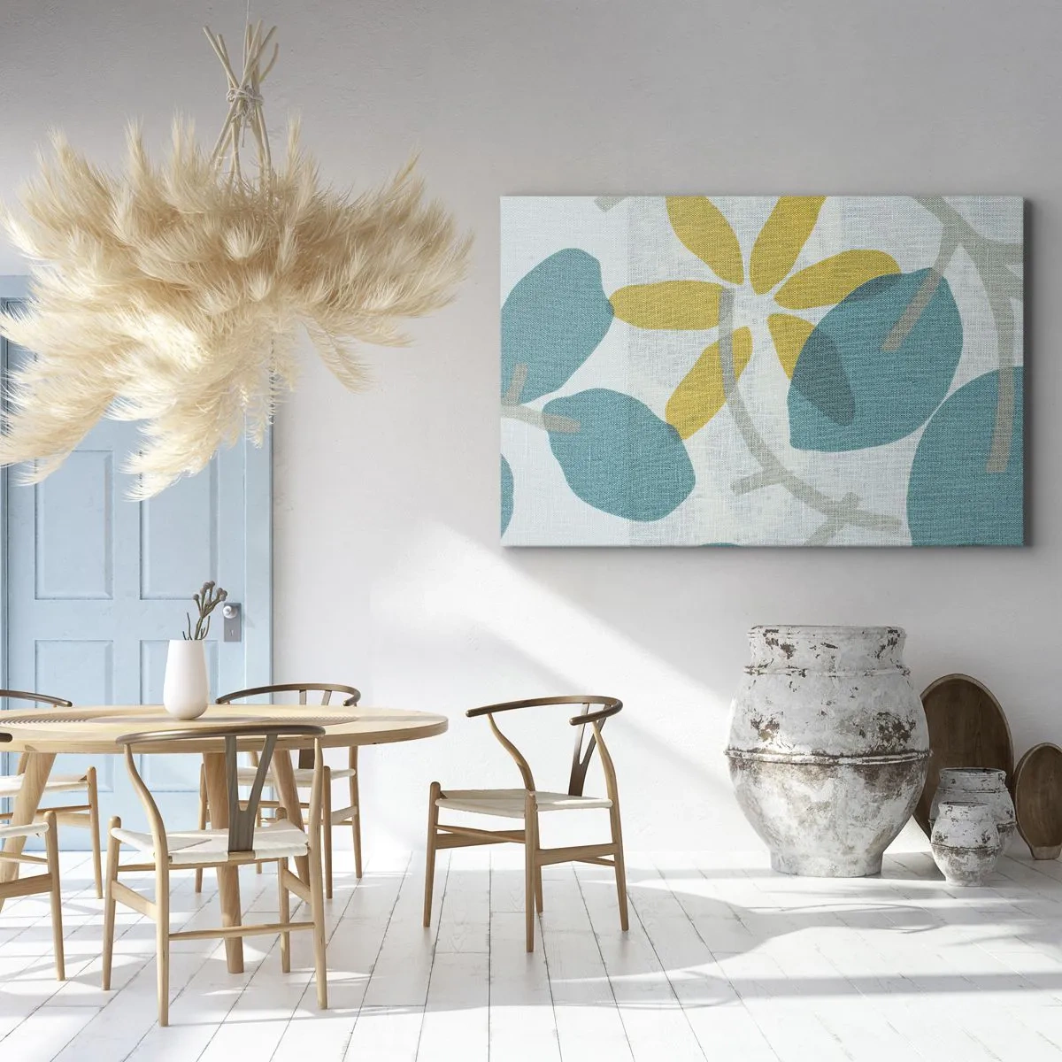 Impression sur toile - Image sur toile - Feuilles aux tons turquoise et jaune sur fond clair - 120x80cm - Wśród lazurowych liści - Décoration murale moderne pour le salon et la chambre ARTTOR