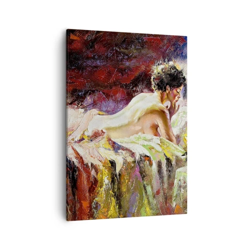 Impression sur toile - Image sur toile - Une femme allongée sur un lit sur un fond de couleurs abstraites. - 50x70cm - Vénus en pensée - Décoration murale moderne pour le salon et la chambre ARTTOR