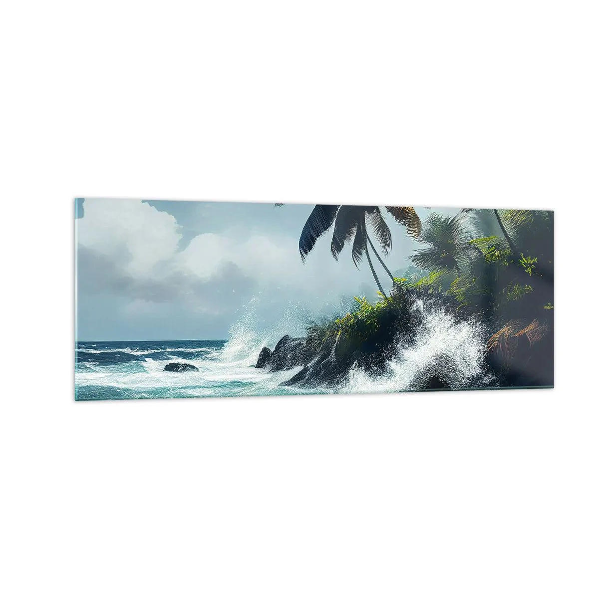 Impression sur verre - Image sur verre - Rivage tropical avec palmiers et mer agitée - 140x50cm - Sur une côte tropicale - Décoration murale moderne pour le salon et la chambre ARTTOR