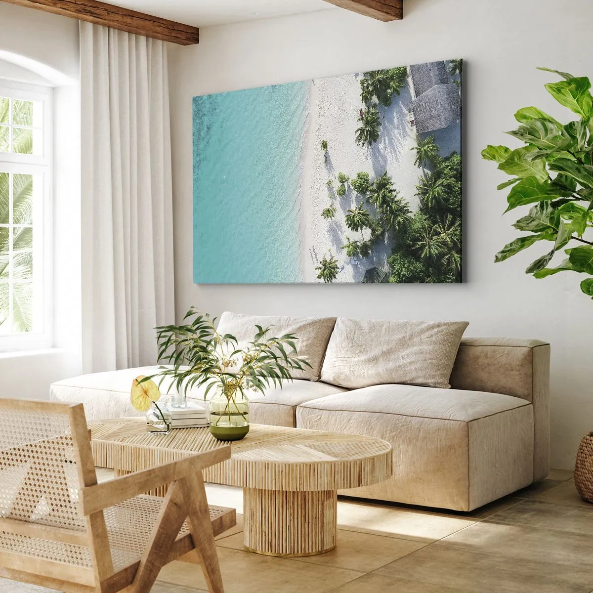 Impression sur toile - Image sur toile - Vue plongeante sur une plage tropicale avec de l'eau turquoise et des palmiers - 100x70cm - Vacances au paradis - Décoration murale moderne pour le salon et la chambre ARTTOR