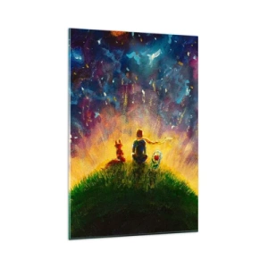 Impression sur verre - Image sur verre - Personnages sur une colline verdoyante entourée d'un ciel étoilé - 80x120cm - Amour et amitié - le monde entier - Décoration murale moderne pour le salon et la chambre ARTTOR