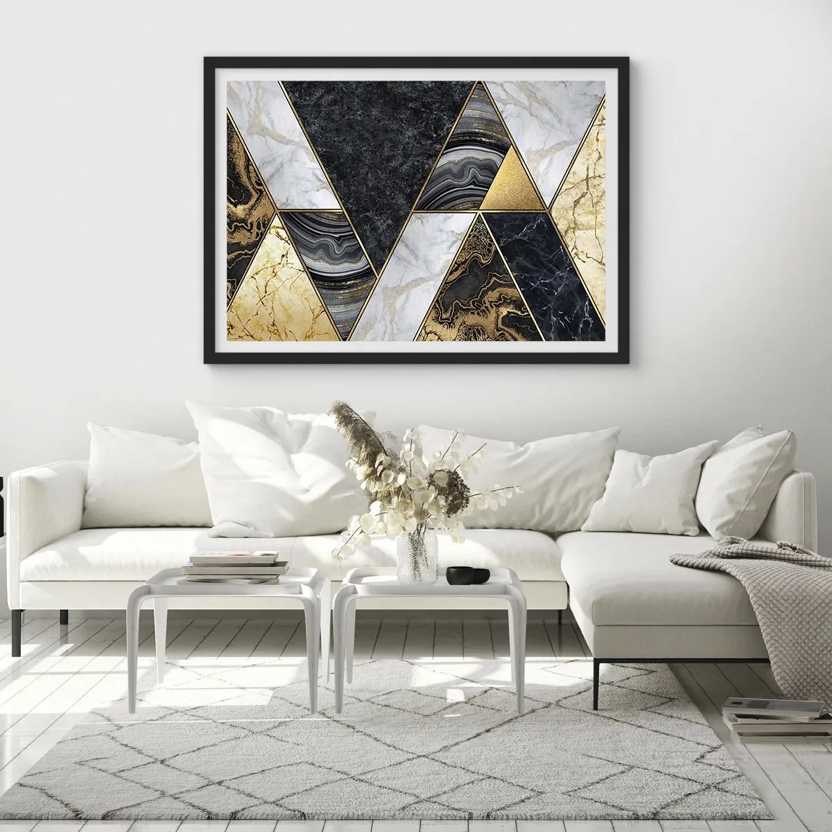Affiche dans un cadre noir - Poster - Triangles géométriques en or, marbre et nuances sombres - 70x50cm - Pierre après pierre - Décoration murale moderne pour le salon et la chambre ARTTOR