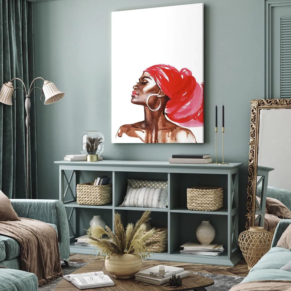 Impression sur toile - Image sur toile - Profil d'une femme avec un turban rouge et des boucles d'oreilles - 80x120cm - "Les cheveux dans le vent" - Décoration murale moderne pour le salon et la chambre ARTTOR