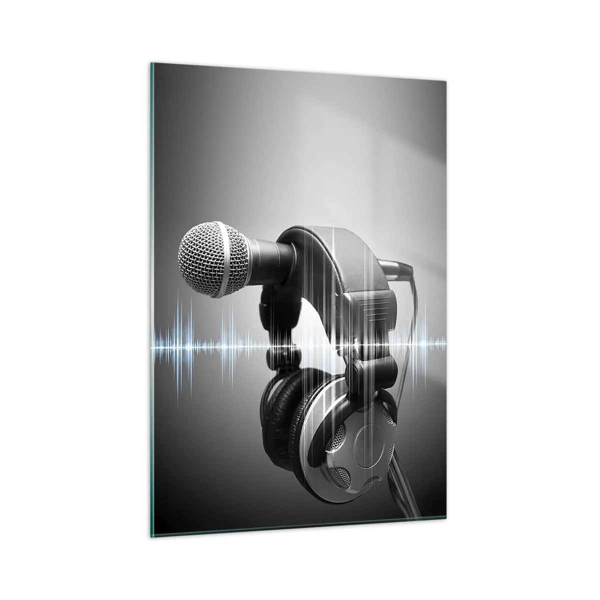 Impression sur verre - Image sur verre - Microphone avec casque sur fond d'ondes sonores - 50x70cm - Vous pouvez encore entendre son chant - Décoration murale moderne pour le salon et la chambre ARTTOR