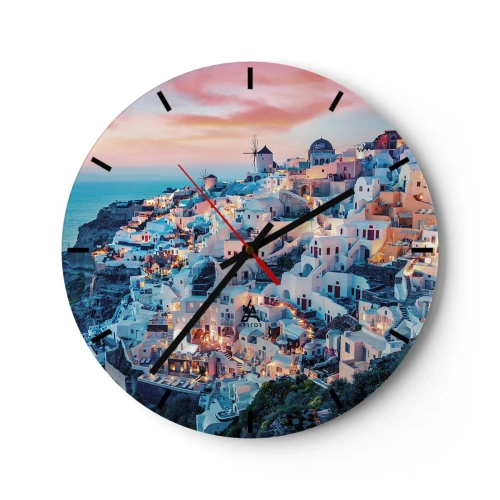 Horloge murale - Pendule murale - Vue de bâtiments blancs sur une falaise au coucher du soleil - 30x30cm - Vos grandes vacances en Grèce - Décoration murale moderne pour le salon, la cuisine et la chambre ARTTOR
