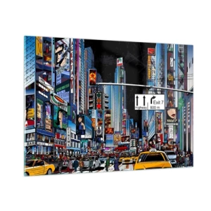 Impression sur verre - Image sur verre - Une rue animée avec des taxis jaunes et des enseignes au néon - 100x70cm - Grande nuit de bande dessinée - Décoration murale moderne pour le salon et la chambre ARTTOR