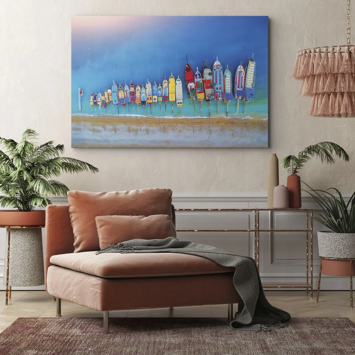 Impression sur toile - Image sur toile - Des bateaux colorés alignés en rangée sur le rivage - 70x50cm - Une vue à vol d'oiseau - Décoration murale moderne pour le salon et la chambre ARTTOR