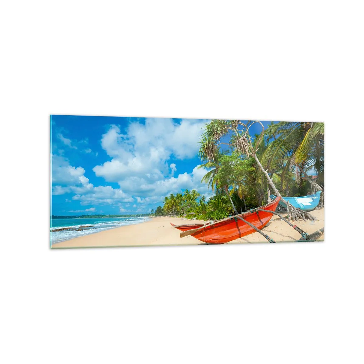 Impression sur verre - Image sur verre - Plage tropicale avec palmiers et bateaux colorés - 120x50cm - Le charme des tropiques - Décoration murale moderne pour le salon et la chambre ARTTOR