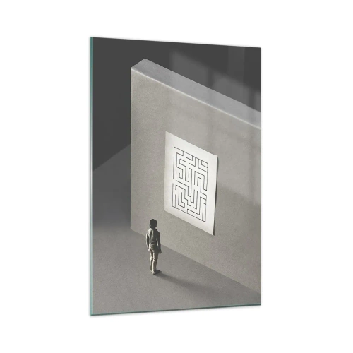 Impression sur verre - Image sur verre - Une figure dans un labyrinthe regardant une carte suspendue - 80x120cm - Mais où suis-je? - Décoration murale moderne pour le salon et la chambre ARTTOR