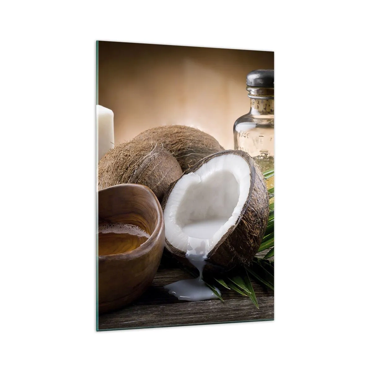 Impression sur verre - Image sur verre - Noix de coco, bougie et huile sur fond de bois - 70x100cm - Santé des îles tropicales - Décoration murale moderne pour le salon et la chambre ARTTOR