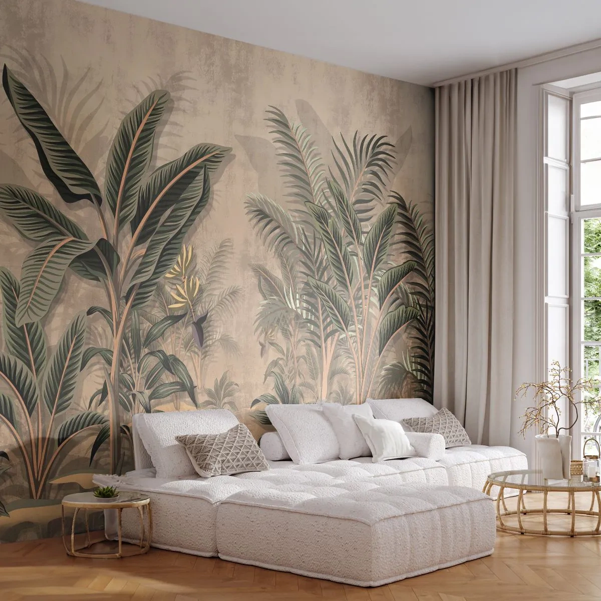Papier Peint Autocollant Deluxe Sticker - Une gravure de style colonial - Forêt tropicale, Cocotier, Bananier - 100x70 cm