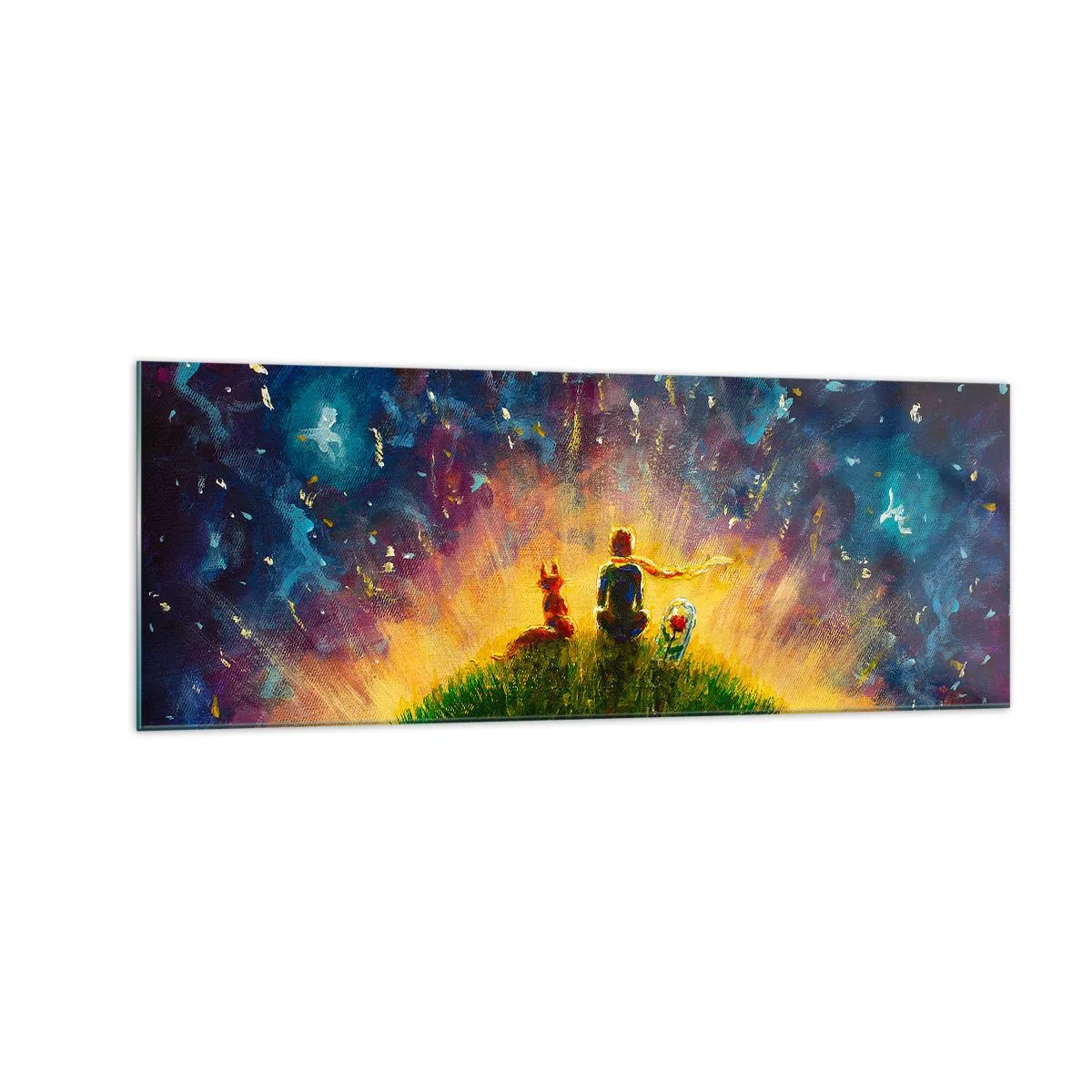 Impression sur verre - Image sur verre - Personnages sur une colline verdoyante entourée d'un ciel étoilé - 140x50cm - Amour et amitié - le monde entier - Décoration murale moderne pour le salon et la chambre ARTTOR