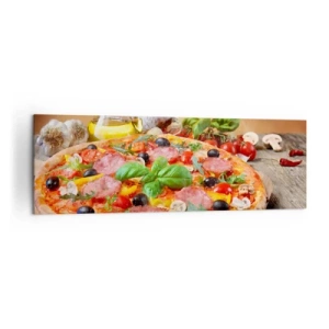 Impression sur toile - Image sur toile - Pizza appétissante sur une table en bois avec garnitures - 160x50cm - Avec une vraie saveur italienne - Décoration murale moderne pour le salon et la chambre ARTTOR