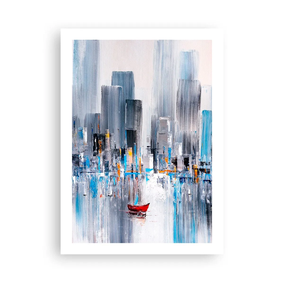 Affiche - Poster - Une peinture abstraite représentant un horizon de ville sur l'eau avec un bateau rouge. - 50x70cm - Une métropole au bord de la baie - Décoration murale moderne pour le salon et la chambre ARTTOR