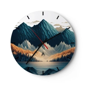 Horloge murale - Pendule murale - Montagnes aux tons bleu marine et beige sur le lac le matin - 30x30cm - Paysage de montagne parfait - Décoration murale moderne pour le salon, la cuisine et la chambre ARTTOR