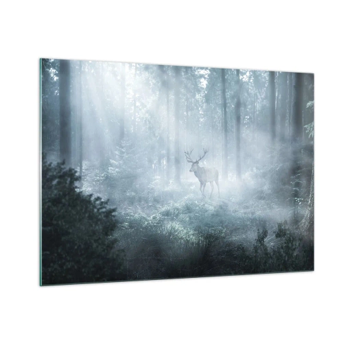 Impression sur verre - Image sur verre - Un cerf dans une forêt brumeuse illuminée par les rayons du soleil du matin - 100x70cm - Visite matinale du domaine - Décoration murale moderne pour le salon et la chambre ARTTOR