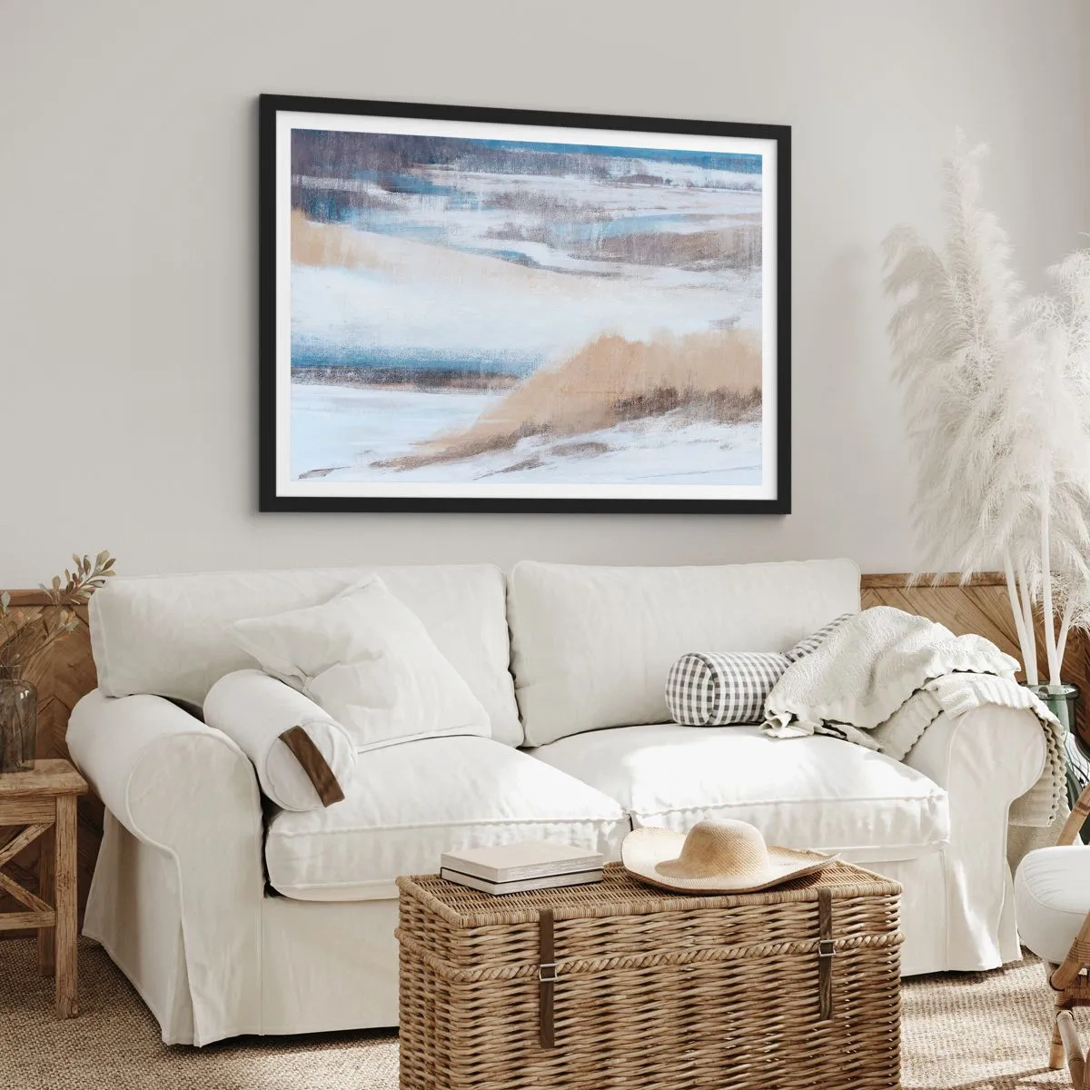 Affiche dans un cadre noir - Poster - Paysage d'hiver abstrait dans les tons de blanc et de bleu - 100x70cm - Composition hivernale - Décoration murale moderne pour le salon et la chambre ARTTOR