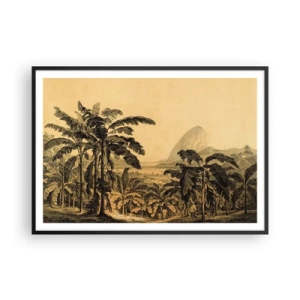 Affiche dans un cadre noir - Poster - Dessin de bananiers sur fond de paysage tropical - 100x70cm - Dans un climat colonial - Décoration murale moderne pour le salon et la chambre ARTTOR