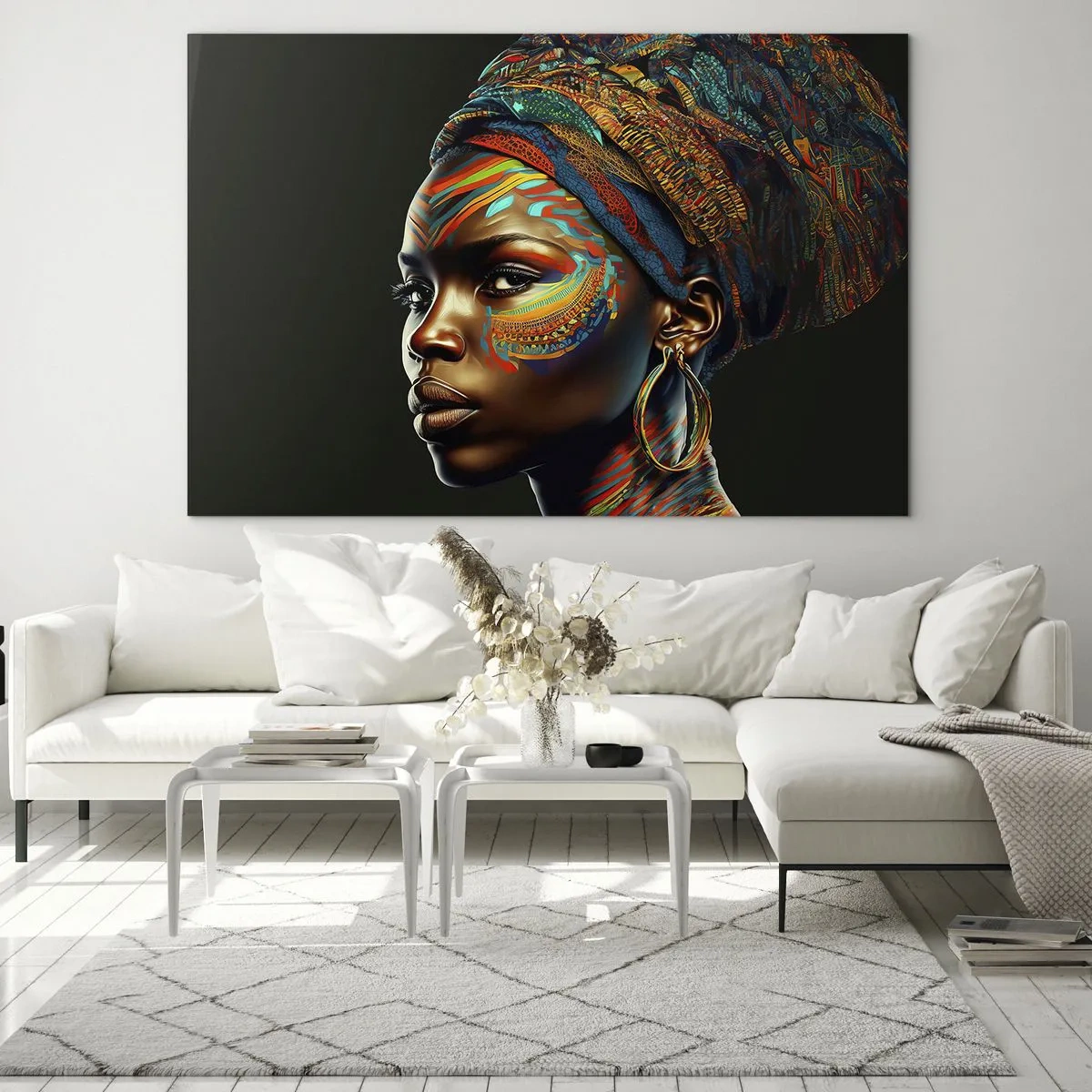 Impression sur verre - Image sur verre - Portrait d'une femme avec une peinture colorée et un turban - 70x50cm - reine africaine - Décoration murale moderne pour le salon et la chambre ARTTOR