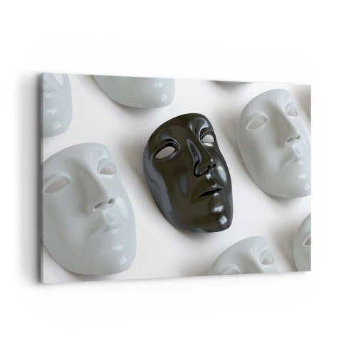 Impression sur toile - Image sur toile - Masques noirs et blancs sur fond clair - 120x80cm - Comment se démarquer ? - Décoration murale moderne pour le salon et la chambre ARTTOR