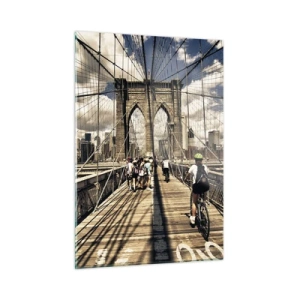 Impression sur verre - Image sur verre - Le pont de Brooklyn par une journée ensoleillée avec des piétons et des cyclistes - 50x70cm - Directement en plein coeur de la ville - Décoration murale moderne pour le salon et la chambre ARTTOR