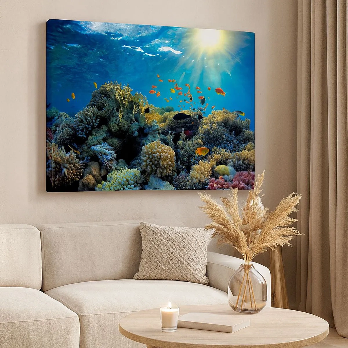 Impression sur toile - Image sur toile - Récif corallien avec des poissons sous les rayons du soleil sous l'eau - 70x50cm - Trésor sous-marin - Décoration murale moderne pour le salon et la chambre ARTTOR