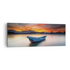 Impression sur toile - Image sur toile - Un bateau sur l'eau pendant un coucher de soleil pittoresque - 140x50cm - Une bonne nuit arrive - Décoration murale moderne pour le salon et la chambre ARTTOR