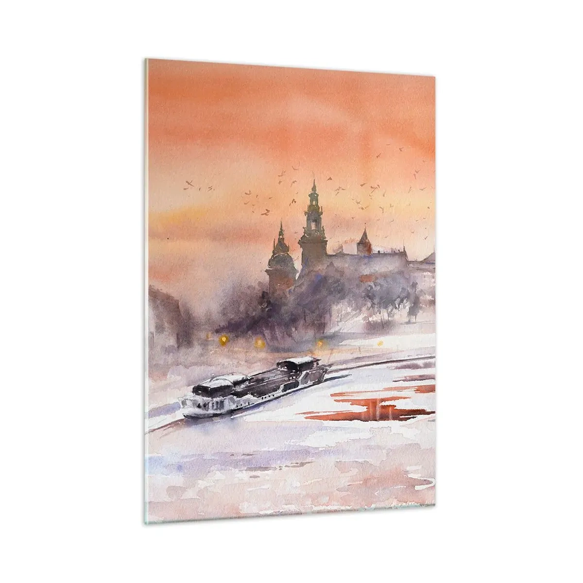 Impression sur verre - Image sur verre - Coucher de soleil sur le château royal et la rivière en hiver - 50x70cm - Coucher de soleil royal - Décoration murale moderne pour le salon et la chambre ARTTOR