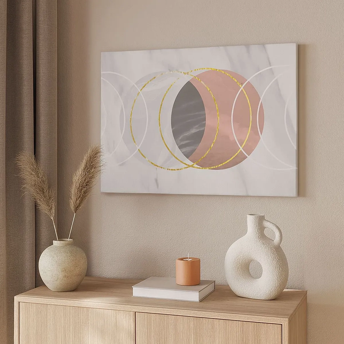Impression sur toile - Image sur toile - Composition géométrique abstraite avec des cercles et des détails métalliques - 70x50cm - Musique des sphères - Décoration murale moderne pour le salon et la chambre ARTTOR