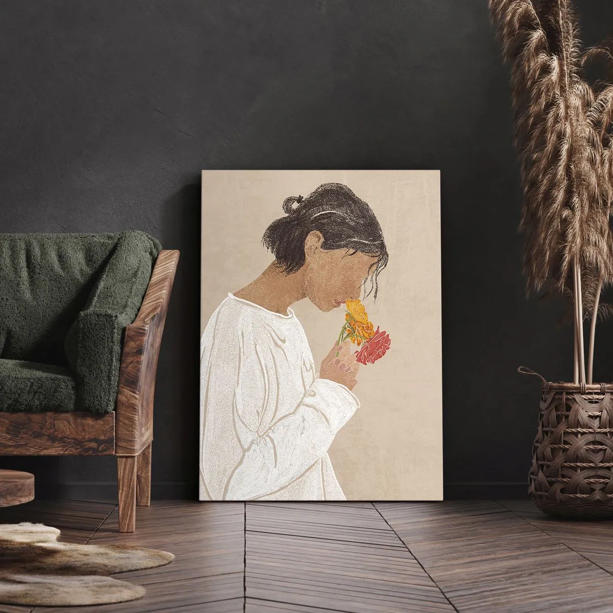 Impression sur toile - Image sur toile - Fille et fleurs - 55x100 cm