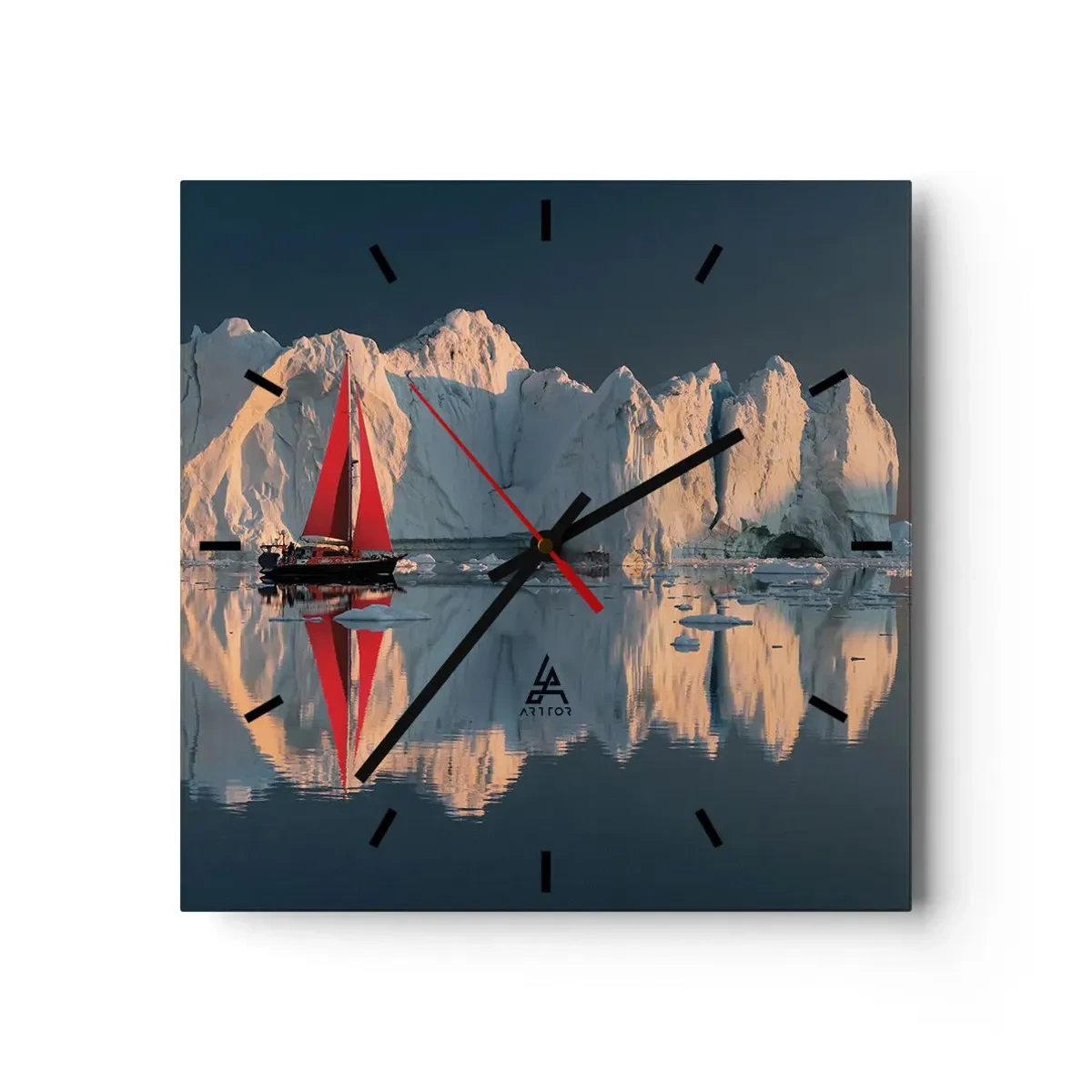 Horloge murale - Pendule murale - Un voilier avec une voile rouge sur fond de glacier - 30x30cm - Aux limites du monde - Décoration murale moderne pour le salon et la chambre ARTTOR