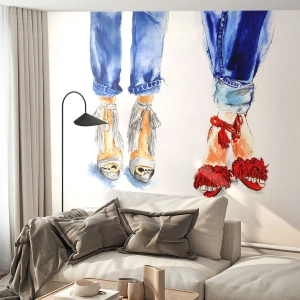 Papier Peint Photo Premium Sand - Illustrations à l'aquarelle de jambes en jeans et chaussures à la mode - 100x70cm - Peut-être irons-nous nous promener? - Décoration murale moderne pour le salon et la chambre ARTTOR