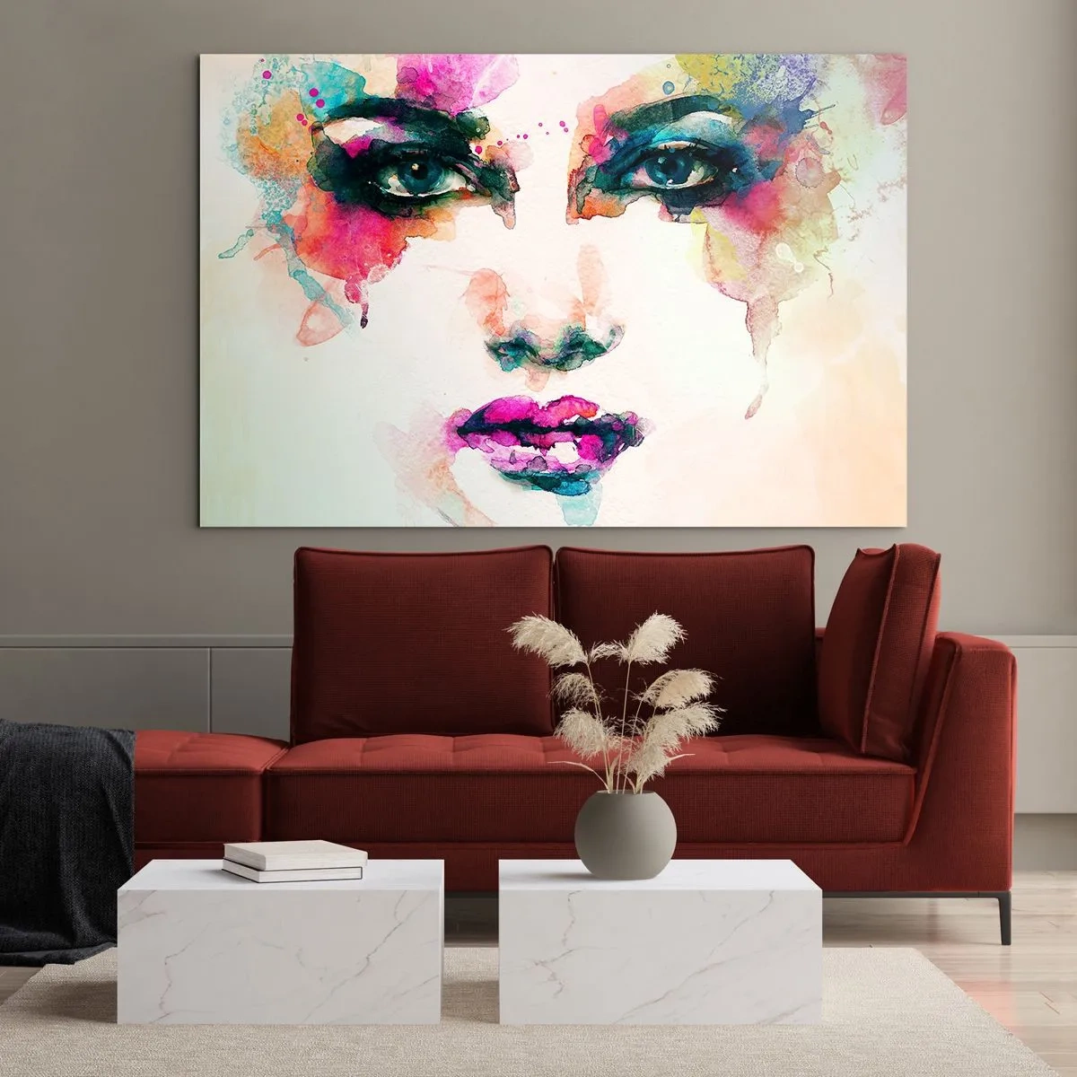 Impression sur verre - Image sur verre - Portrait d'une femme aux couleurs et détails de l'aquarelle - 70x50cm - Un portrait peint avec un arc-en-ciel - Décoration murale moderne pour le salon et la chambre ARTTOR