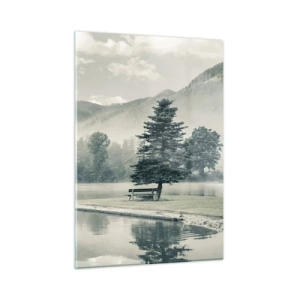 Impression sur verre - Image sur verre - Un lac calme le matin avec un banc et du brouillard sur l'eau - 50x70cm - Le lac dort encore - Décoration murale moderne pour le salon et la chambre ARTTOR