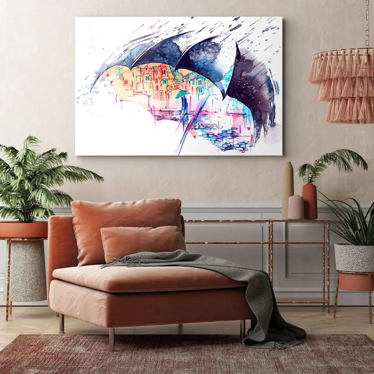 Impression sur toile - Image sur toile - Une ville colorée cachée sous des parapluies abstraits - 70x50cm - Se promener sous la pluie - Décoration murale moderne pour le salon et la chambre ARTTOR