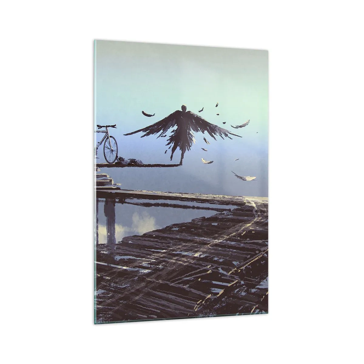 Impression sur verre - Image sur verre - Une silhouette avec des plumes plane au-dessus d'un pont en bois à côté d'un vélo. - 70x100cm - Icare est toujours vivant - Décoration murale moderne pour le salon et la chambre ARTTOR