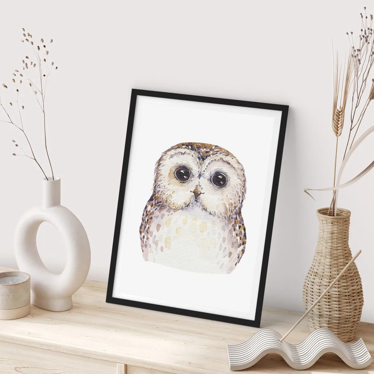 Affiche dans un cadre noir - Poster - Un charmant portrait à l'aquarelle d'un hibou - 50x70cm - Regarde-moi dans les yeux - Décoration murale moderne pour le salon et la chambre ARTTOR