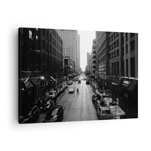 Impression sur toile - Image sur toile - Une rue en noir et blanc au milieu de la ville avec des voitures et des piétons - 70x50cm - Un autre jour comme tous les autres jours - Décoration murale moderne pour le salon et la chambre ARTTOR