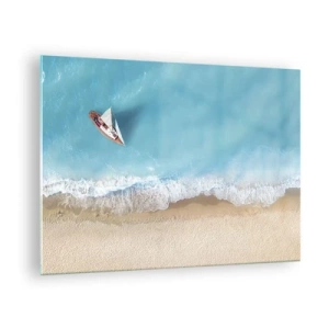 Impression sur verre - Image sur verre - Un voilier sur la mer azur au bord d'une plage de sable - 70x50cm - A la frontière de l'azur et de l'or - Décoration murale moderne pour le salon et la chambre ARTTOR