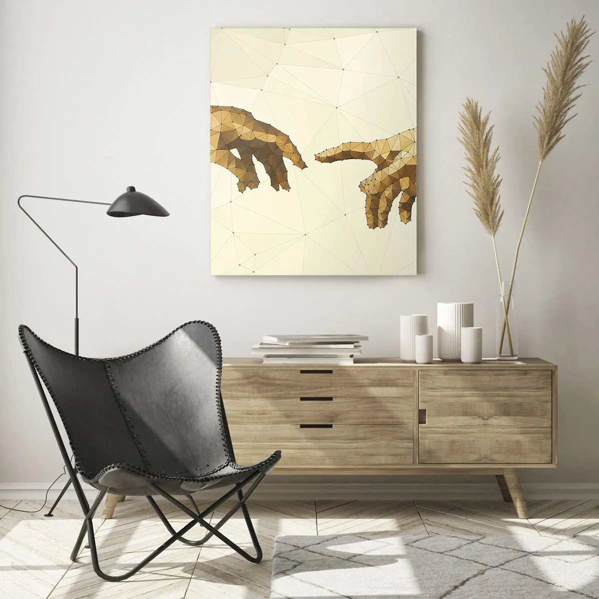 Impression sur verre - Image sur verre - Mains géométriques tendues l'une vers l'autre sur un fond clair - 80x120cm - Géométrie divine - Décoration murale moderne pour le salon et la chambre ARTTOR