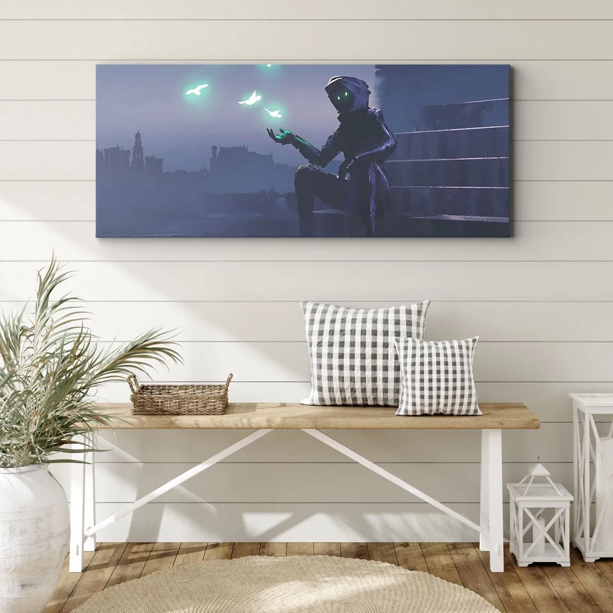 Impression sur toile - Image sur toile - Une silhouette encapuchonnée avec des oiseaux magiques en arrière-plan d'une ville - 120x50cm - La vie reviendra - Décoration murale moderne pour le salon et la chambre ARTTOR