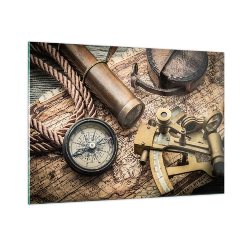 Impression sur verre - Image sur verre - Boussole, carte et aides à la navigation de style rétro - 100x70cm - Fixer un cap - Décoration murale moderne pour le salon et la chambre ARTTOR