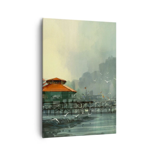 Impression sur toile - Image sur toile - Bâtiments portuaires dans un paysage pluvieux avec des mouettes - 70x100cm - Une journée ensoleillée au port - Décoration murale moderne pour le salon et la chambre ARTTOR