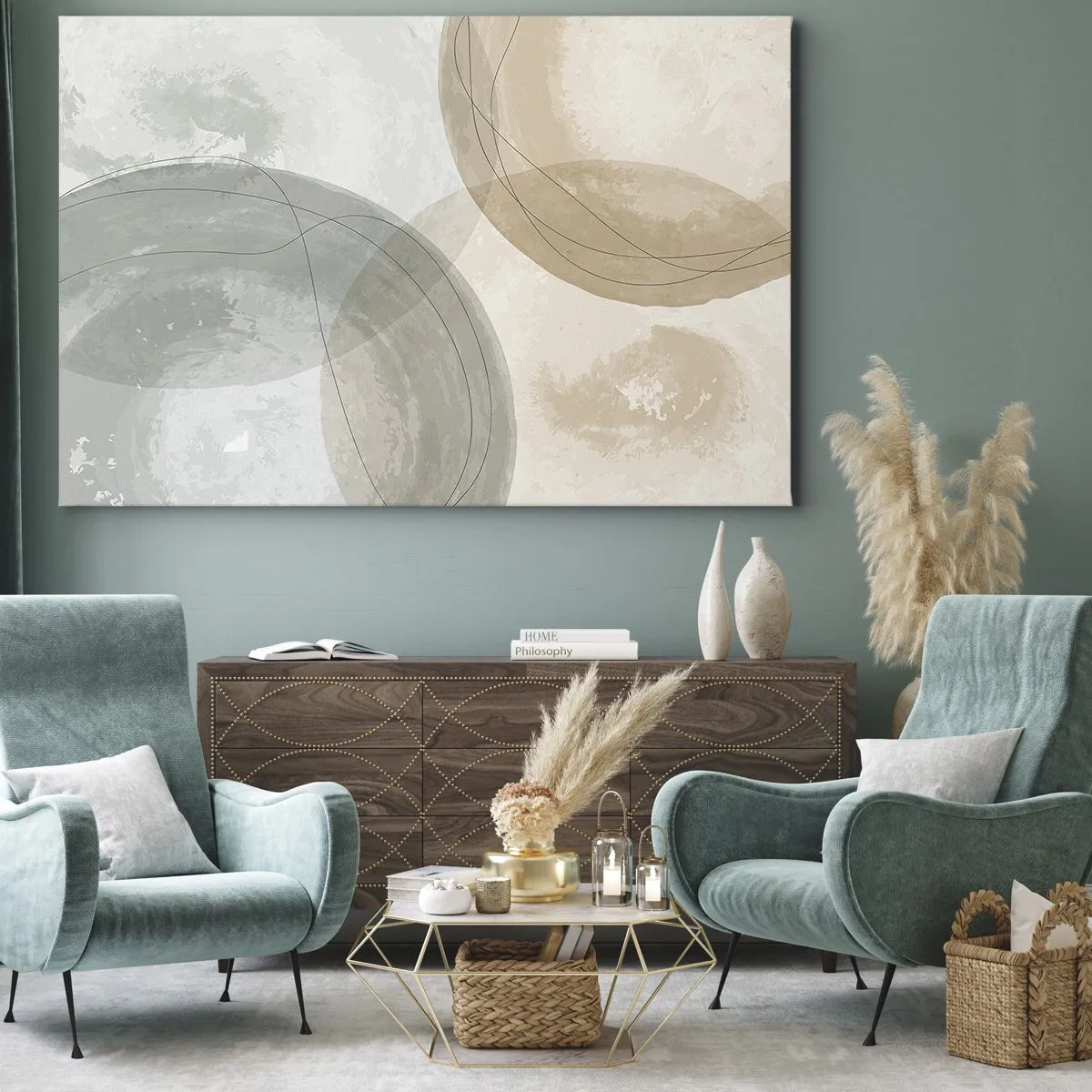 Impression sur toile - Image sur toile - Composition abstraite aux couleurs pastel avec des lignes - 100x70cm - Mondes pénétrants - Décoration murale moderne pour le salon et la chambre ARTTOR