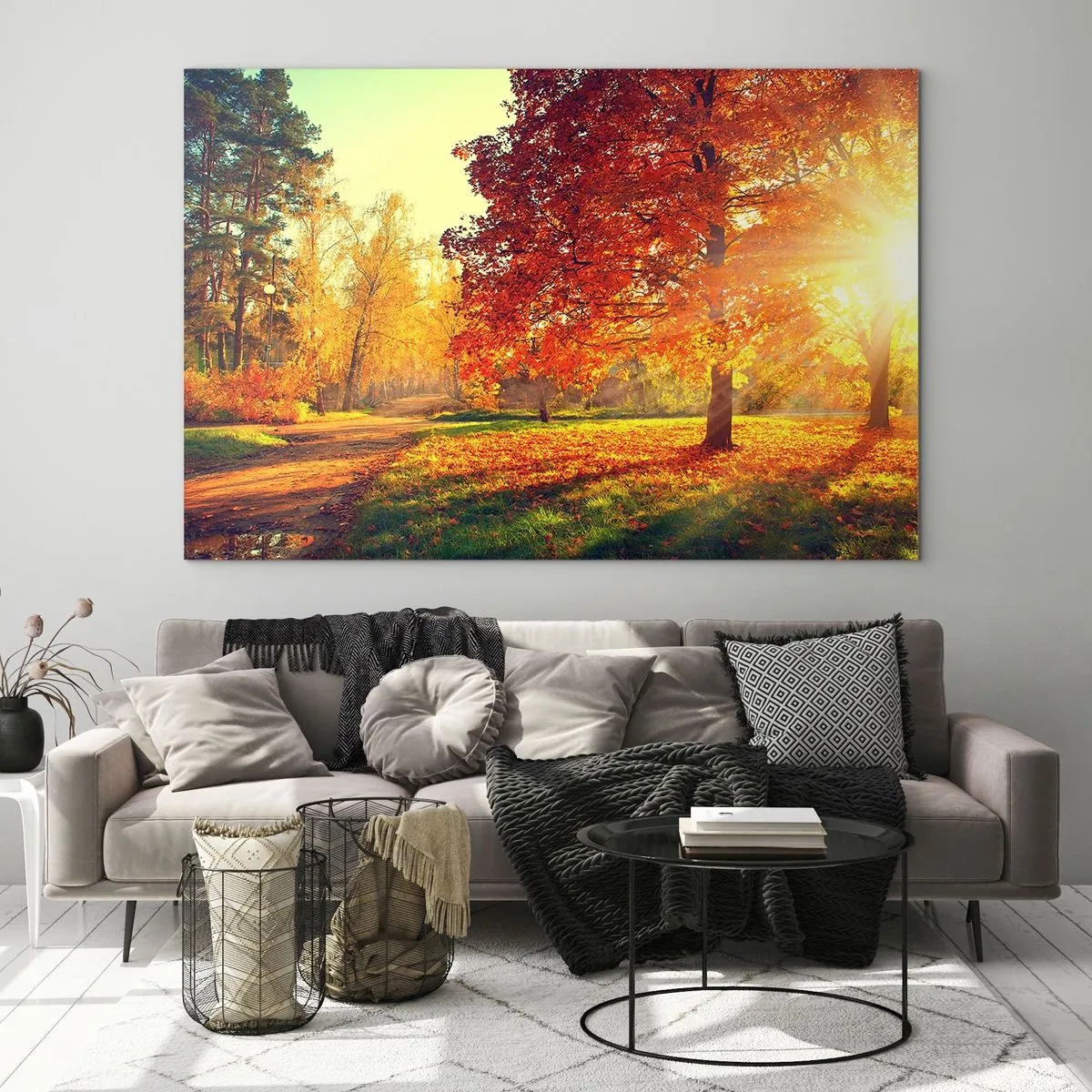 Impression sur verre - Image sur verre - Allée d'automne avec des rayons de soleil - 70x50cm - Le roux est beau - Décoration murale moderne pour le salon et la chambre ARTTOR