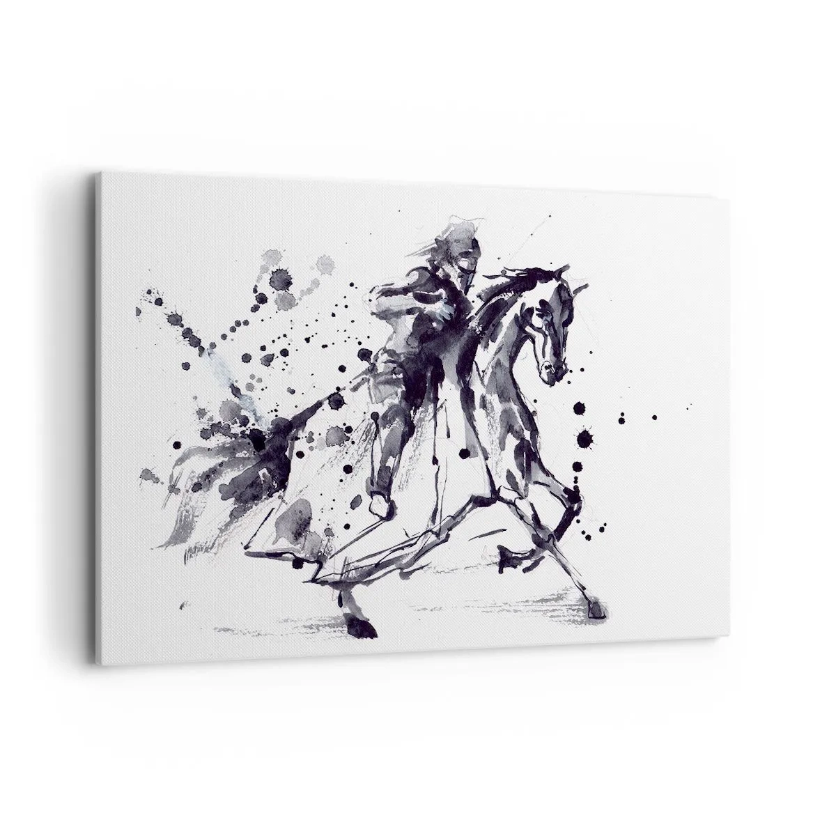 Impression sur toile - Image sur toile - Aquarelle noir et blanc d'un cavalier sur un cheval au galop - 100x70cm - Chevalier noir - Décoration murale moderne pour le salon et la chambre ARTTOR